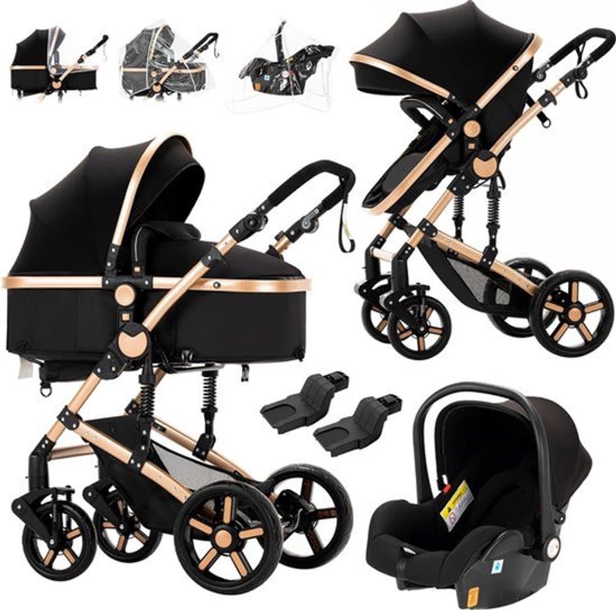 Luxe 3-in-1 Kinderwagen - Autostoeltje - Buggy - Reiswieg - Inklapbaar - 0-36 Maanden - Zwart/Goud thumbnail 7