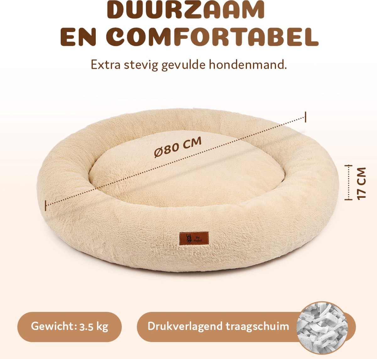 Pet Perfect Orthopedische Hondenmand – Donut Hondenmand – Hondenkussen – Hondenbed – Wasbaar - 80 cm - Beige thumbnail 7