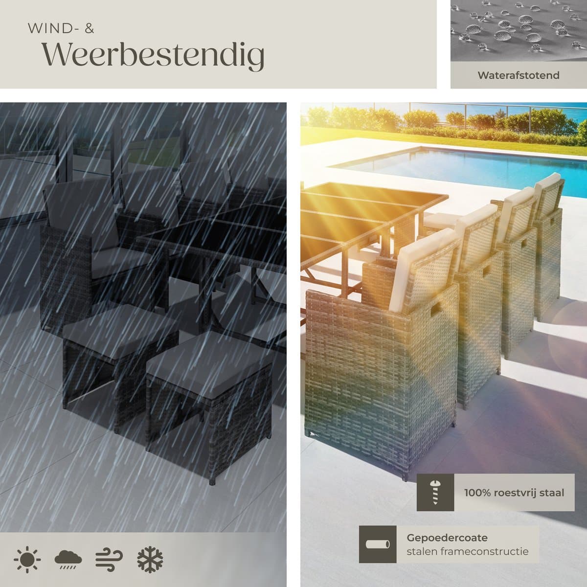 tectake® - Wicker tuinloungeset - Polyrotan tuinmeubelset, 8+4+1 zitgedeelte, 8 stoelen, 4 krukken, 1 tafel - Incl. beschermhoes, voor tuin, balkon, terras - grijs/lichtgrijs thumbnail 3