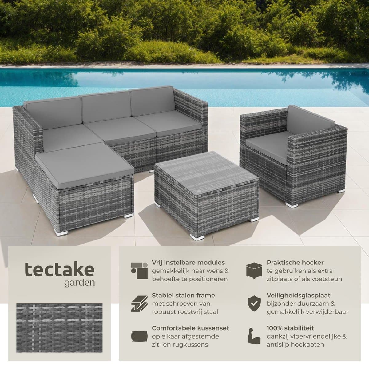 tectake® Wicker lounge - Tuinmeubelset voor buiten met bank, fauteuil, kruk en tafel - Variabel combineerbaar - Weerbestendig meubilair - Voor 4-5 personen - Balkonmeubilair - Tuinlounge - Terrasmeubilair - Grijs thumbnail 6