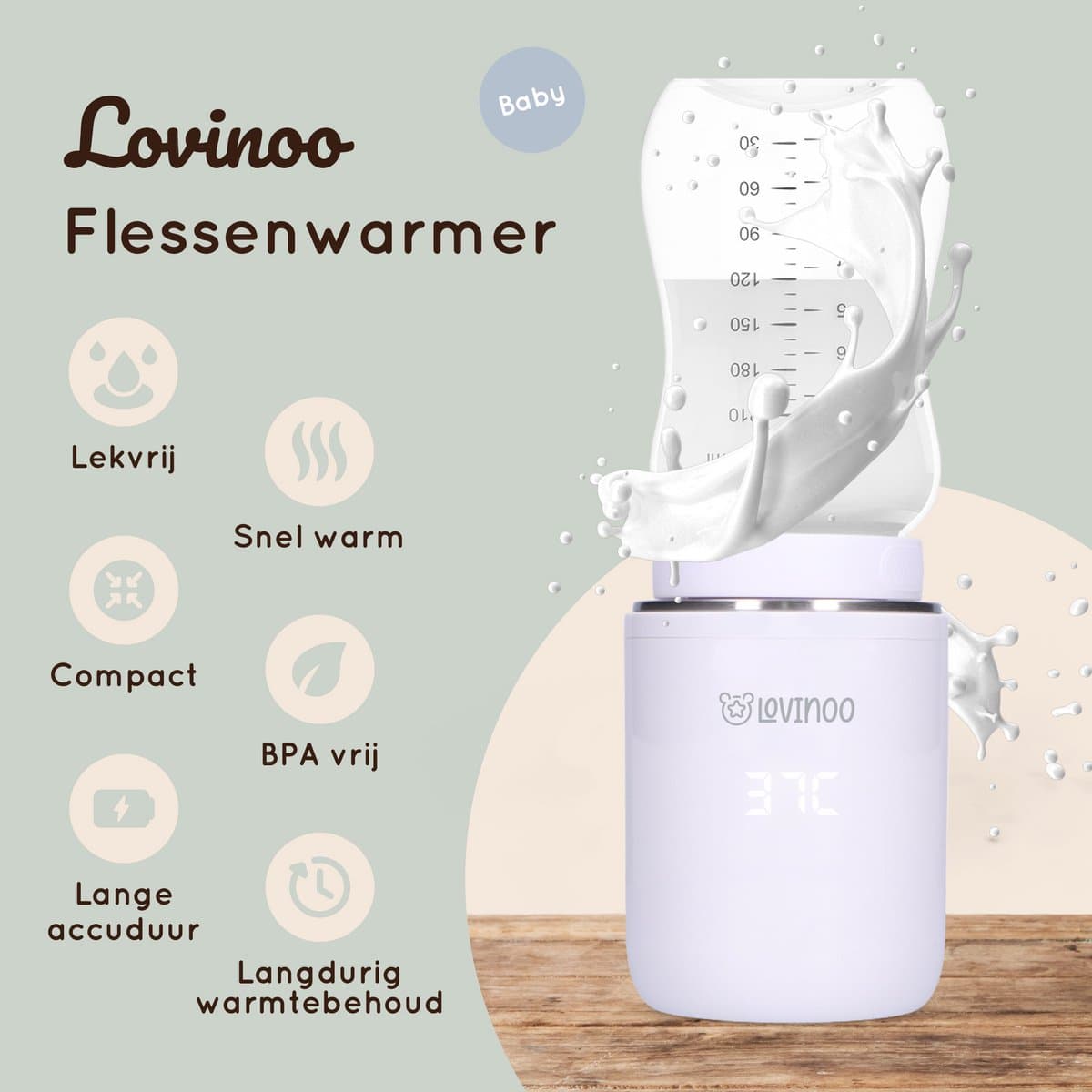 Lovinoo Flessenwarmer Onderweg - Draagbare Draadloze Baby Flessenwarmer - Flesverwarmer - 4 Temperatuurniveaus - USB Oplaadbaar - Incl. 6 Adapters - 13.200 mAh - Wit thumbnail 2