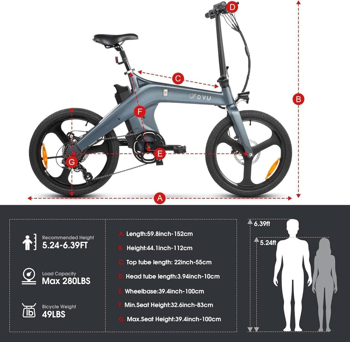 DYU T1 20 Inch Elektrische vouwfietsen - Elektrische fiets - Draagbare e-bike voor woon-werkverkeer in de stad - max. snelheid 25 km/u - 250 W motor, 55 km actieradius - LED-verlichting en LCD-display - IP54 Waterproof thumbnail 4