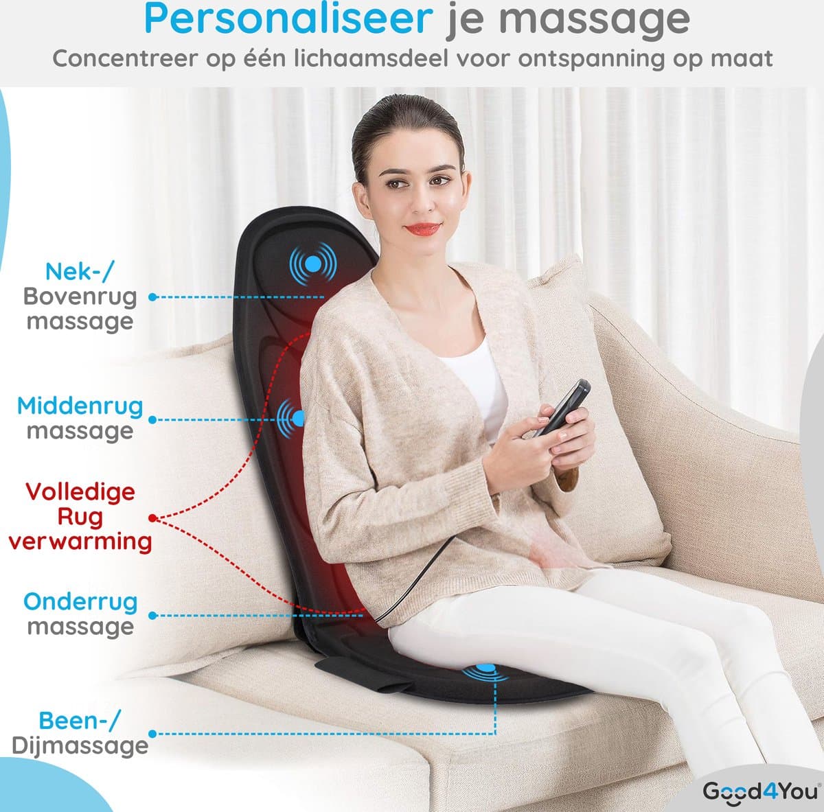 Good4You Massagestoel Auto - Massagekussen - Massage apparaat - Rug - Infrarood - Verwarmingsfunctie - Zwart thumbnail 3