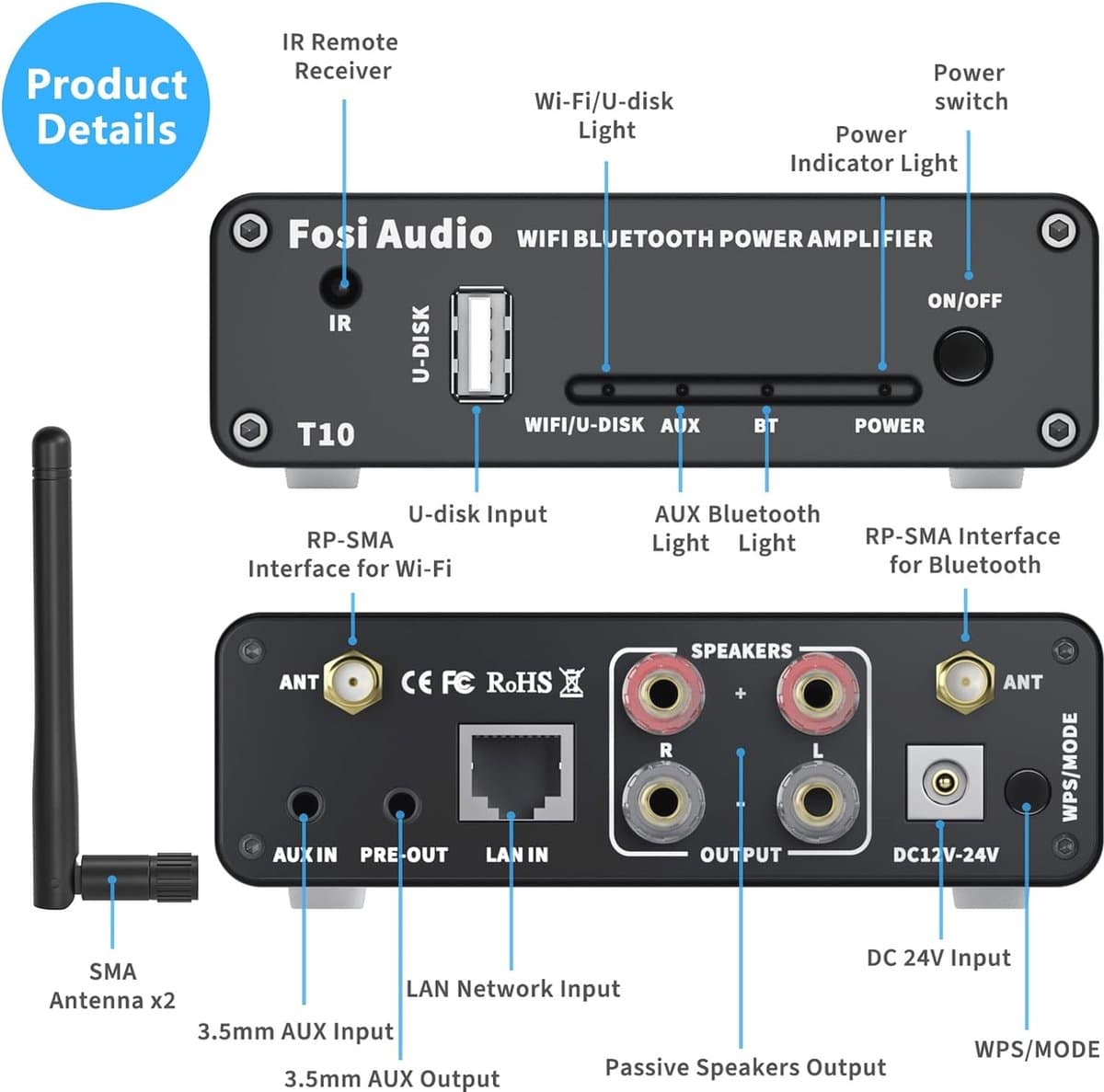 WiFi Bluetooth 2-Kanaals Stereo Audio Versterker - Mini Hifi ClassD 2 x 100W Smart Multiroom Amp thumbnail 3