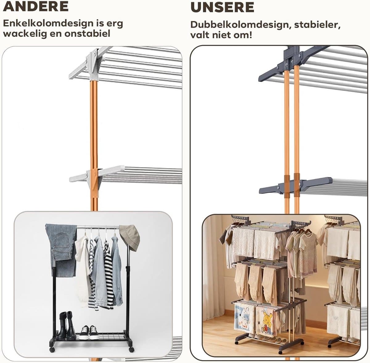 Was Toren - Droogrek met Wielen - Kleding Drogen - 4 Lagen 6 Vleugels - 76x50x172cm - Grijs thumbnail 4