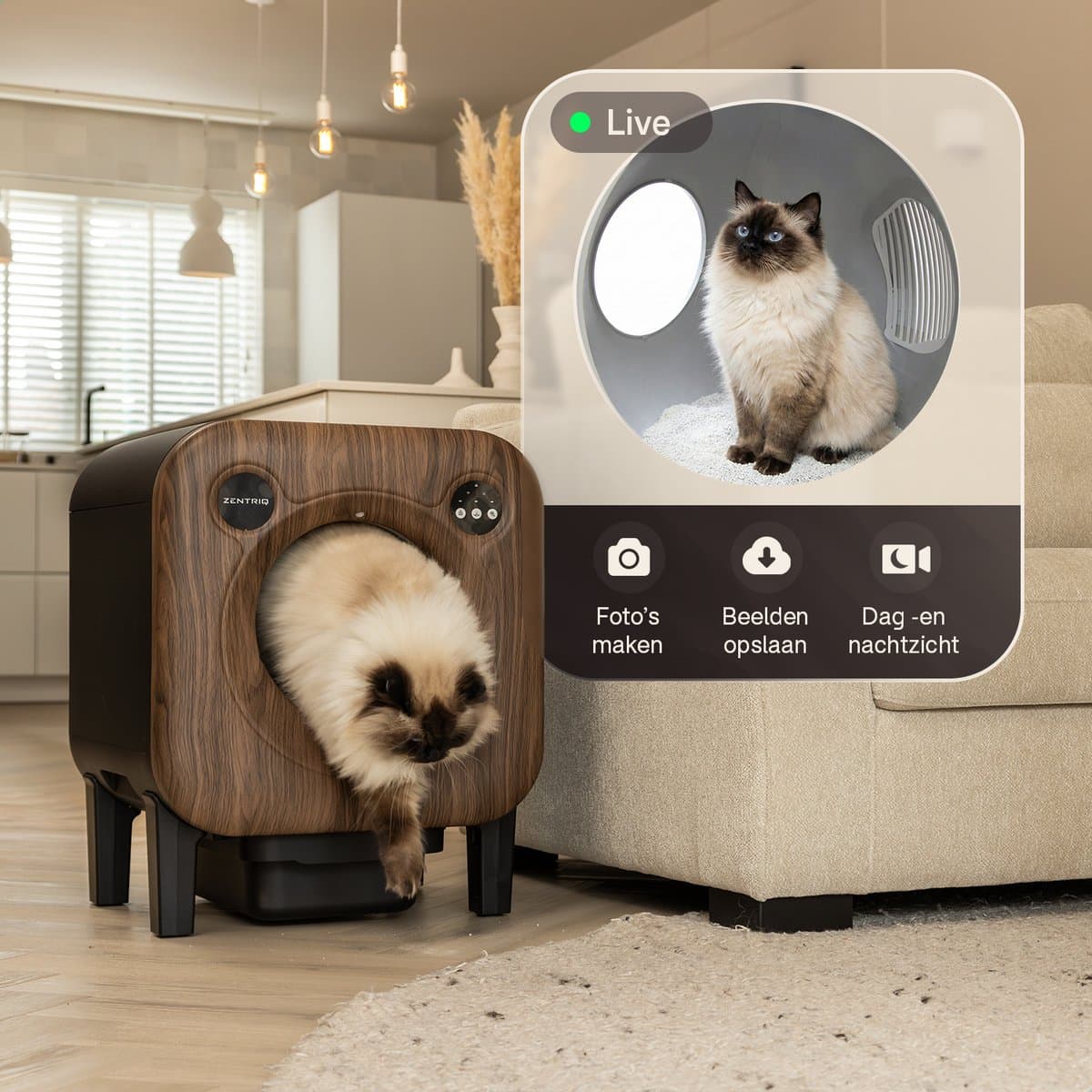 Zentriq Automatische Kattenbak – Zelfreinigend met App & 4k Camera – Cat Pod Q10 - XXL 75L – Stil & Veilig – Incl. Mat en 3 Rollen Opvangzakken thumbnail 5