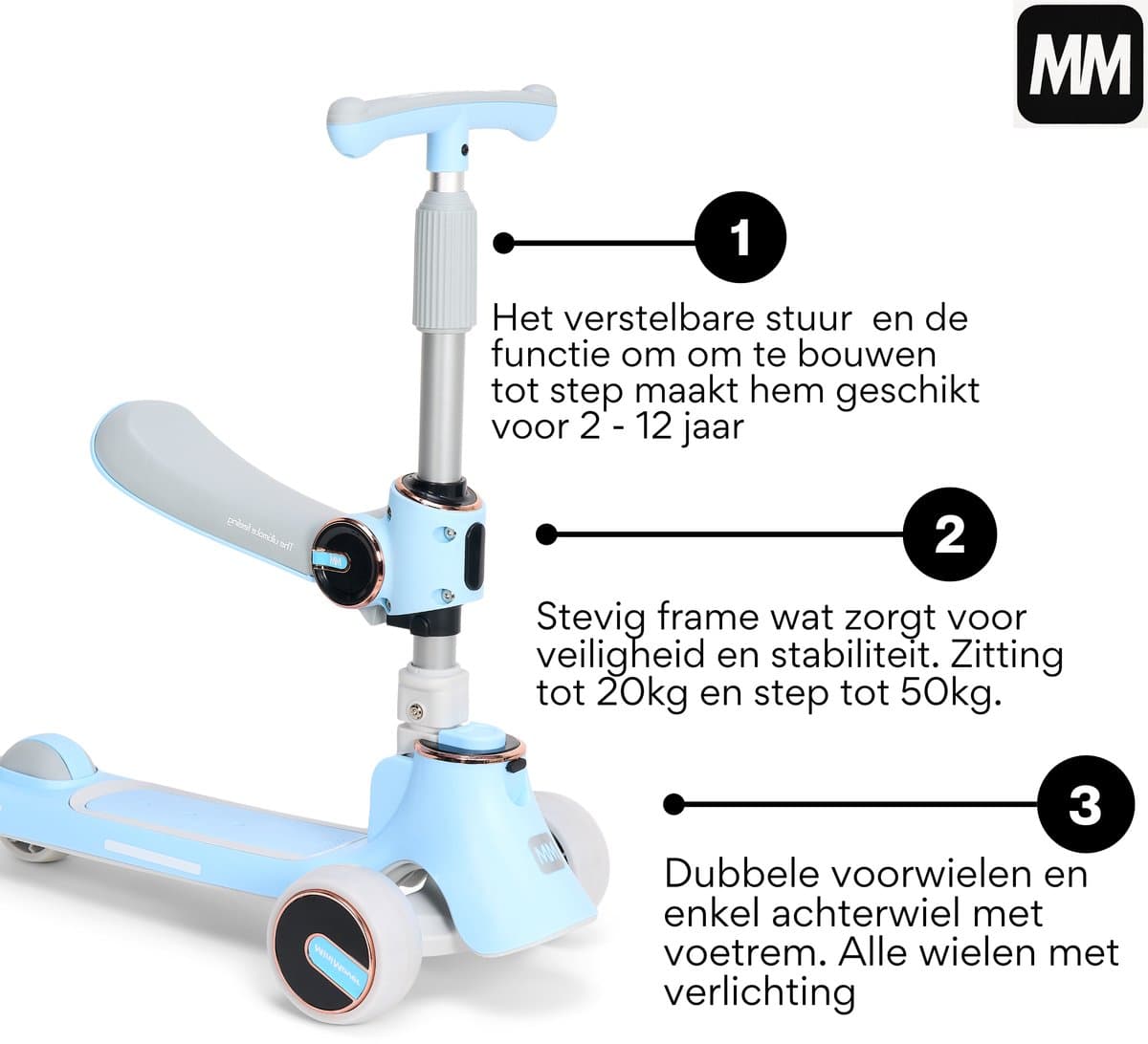 MiniMover 2in1 Kinderstep LED 3 wielen, loopfiets & step tot 50kg thumbnail 7