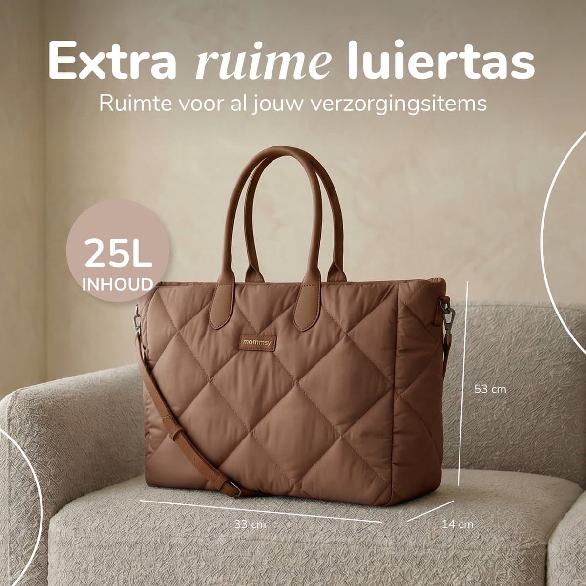 Mommsy Luiertas – Verzorgingstas – Thermo Vak – Gewatteerde Puffer Stof – Extra Ruim – Waterafstotend – Organizer – Lichtgewicht – Bruin thumbnail 2