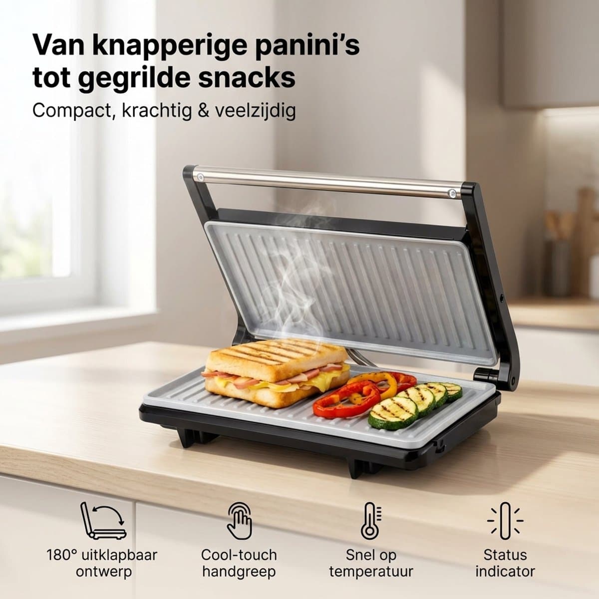 Tosti Apparaat – Contactgrill voor 2 Tosti’s – Uitklapbaar – Panini Grill thumbnail 2