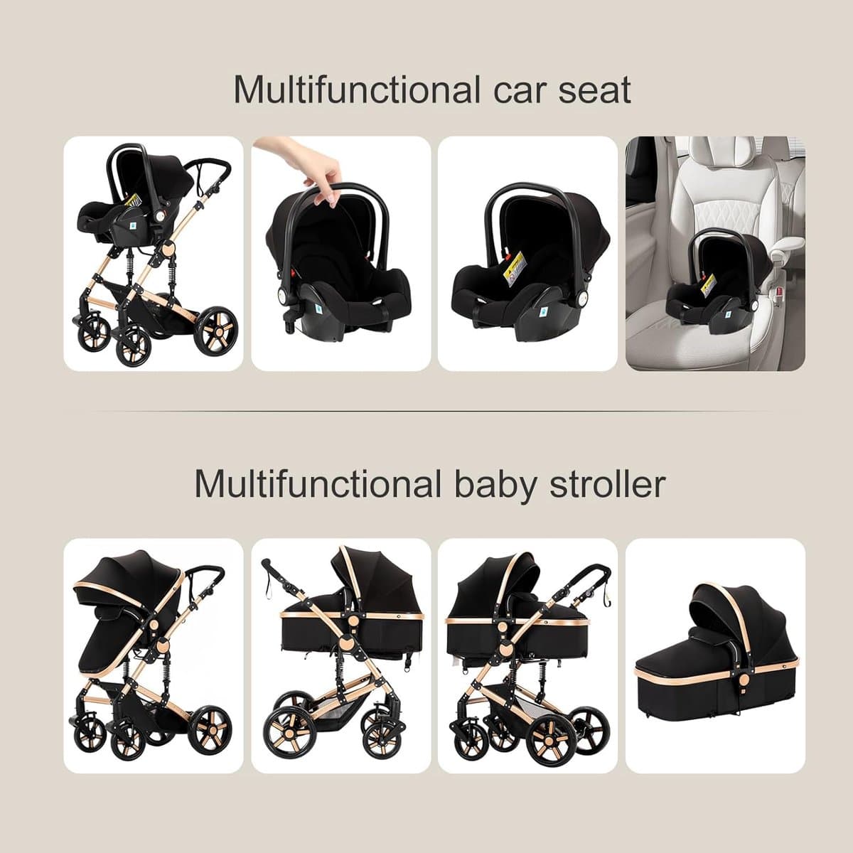 Luxe 3-in-1 Kinderwagen - Wandelwagen - Autostoeltje - Buggy - Reiswieg - Inklapbaar - 0-36 Maanden - Khaki thumbnail 4