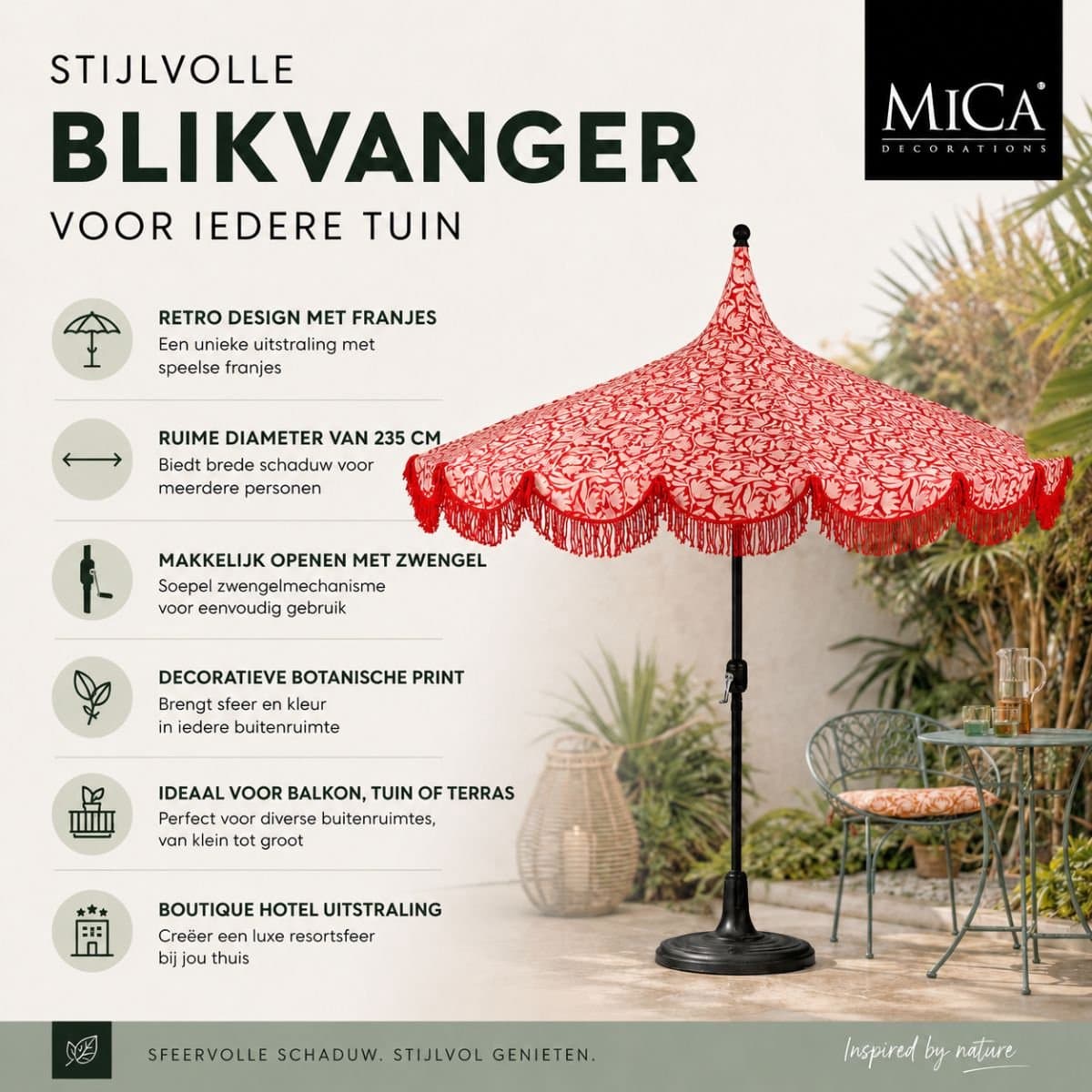 Mica Decorations Kelly Parasol met Draagtas - Stokparasol 238 x Ø235 cm - Tuin of Balkonparasol - Polyester, Staal - Rood thumbnail 2