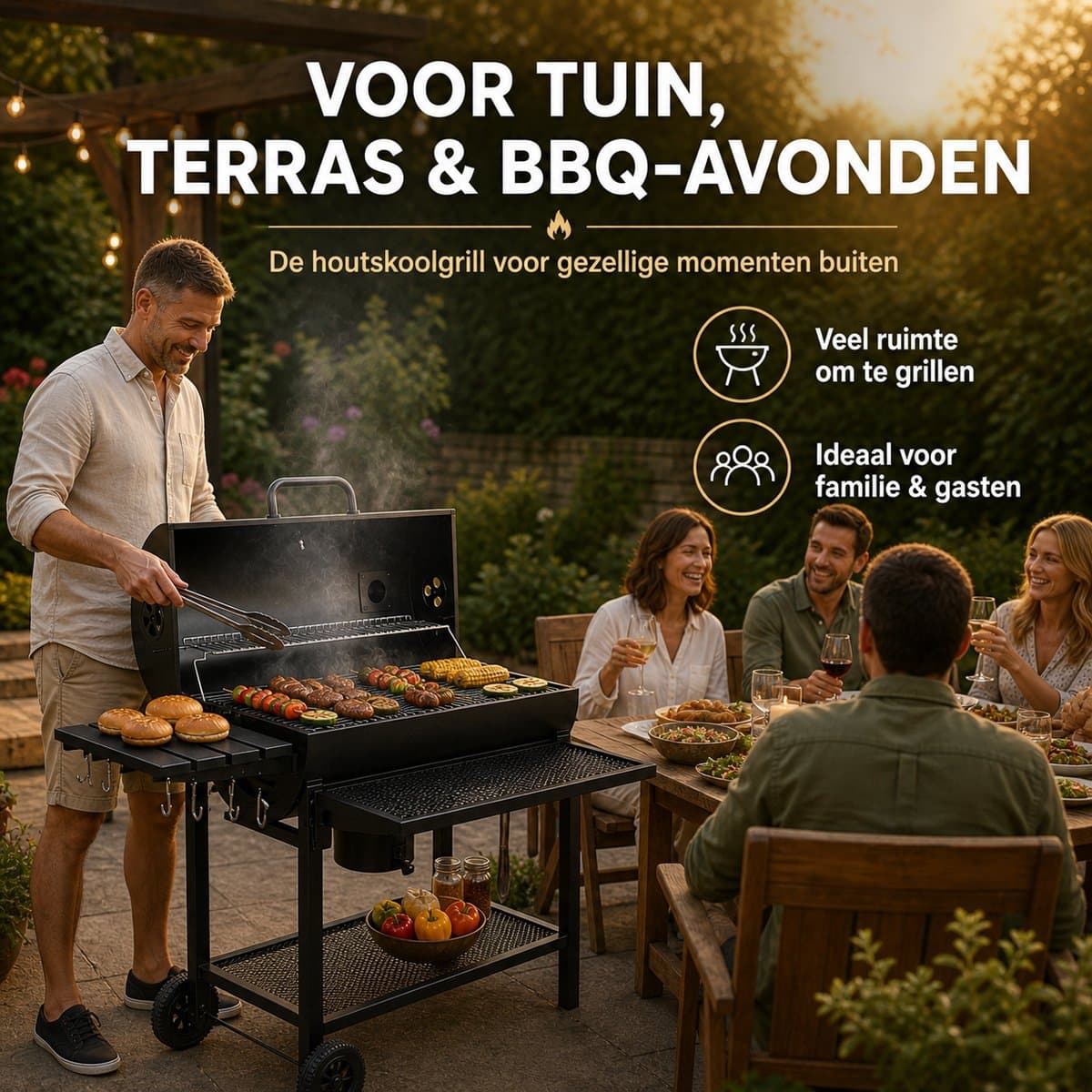 Houtskool BBQ - Smoker Barbecue XL - BBQ met Wielen - 70x37cm Grilloppervlak - Zijpanelen - Zwart thumbnail 5
