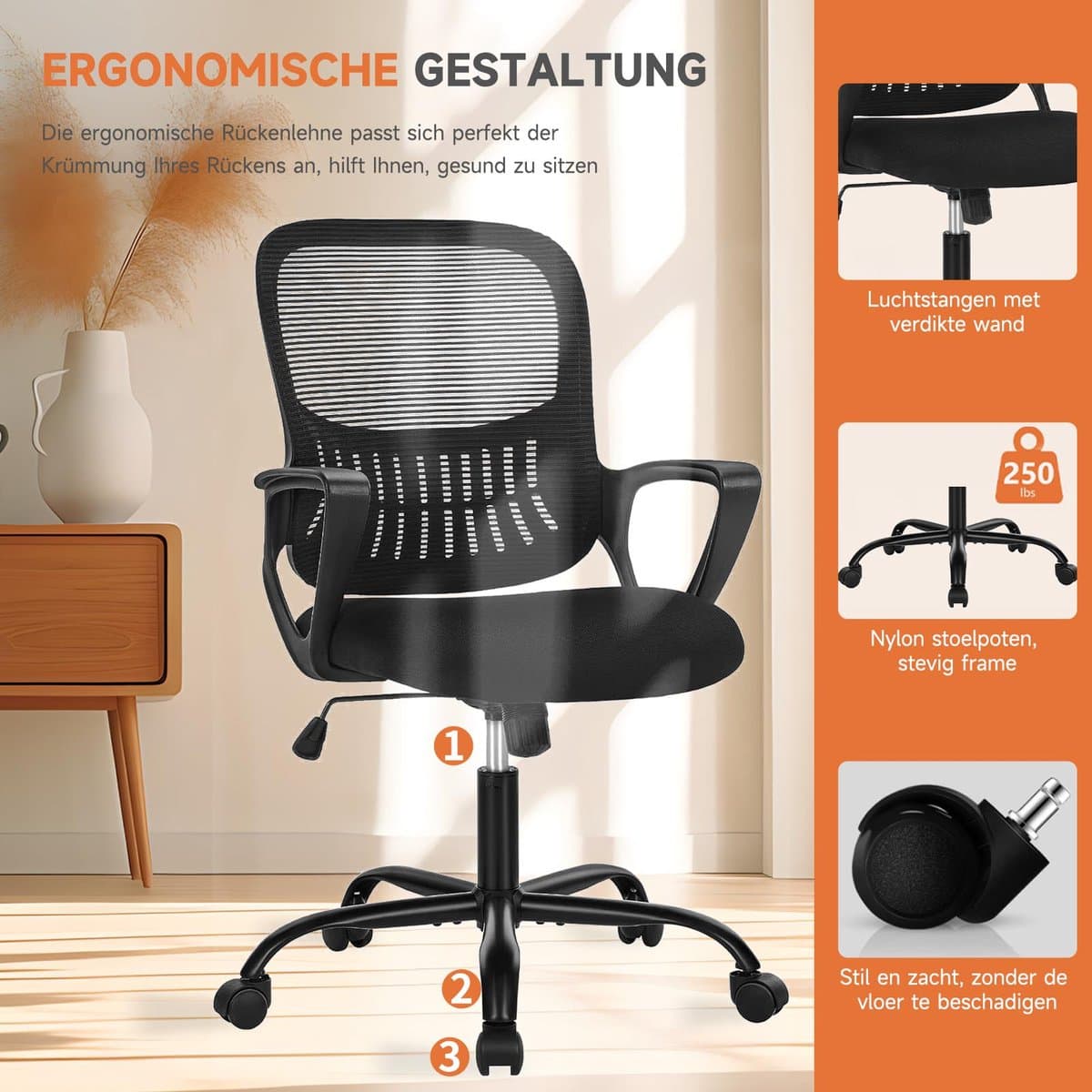 Ergonomische Bureaustoel - Mesh Office Chair - In Hoogte Verstelbaar - Vaste Armleuningen - 113 kg Draagvermogen thumbnail 2