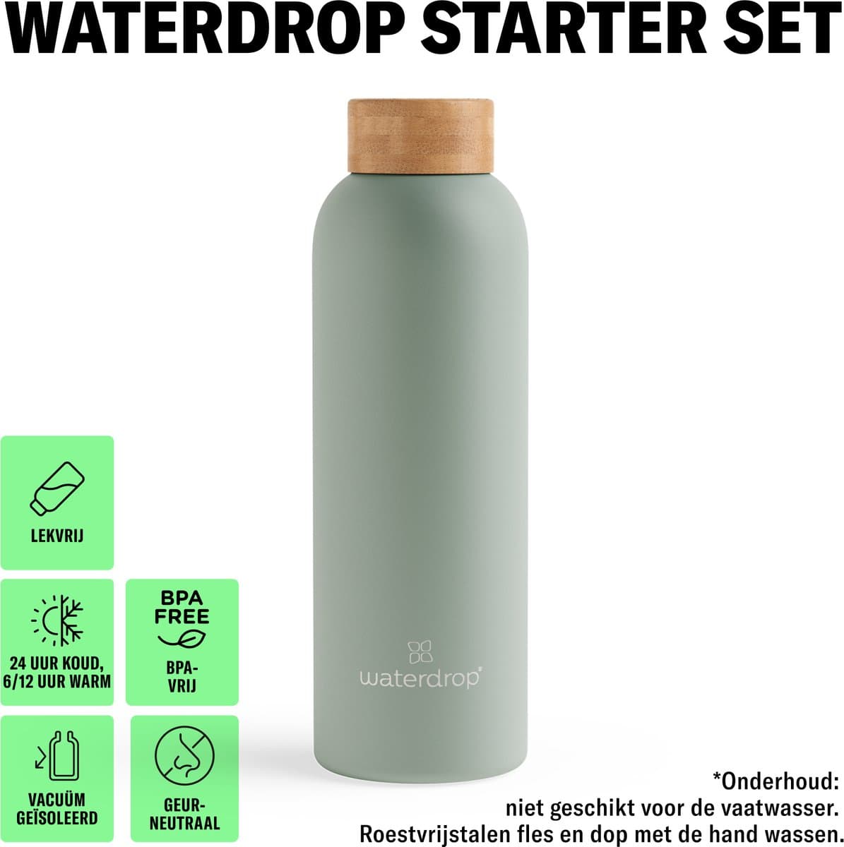 waterdrop® Starterset Metalen - Mat Olijf - Metalen Thermosfles 600ml + 18 Microdrink Bruistabletten – Geïsoleerde Drinkfles RVS, Lekvrij, BPA-vrij, Voor Sport, Werk, Reizen, School – Hydratatie Set, Cadeau Idee thumbnail 3