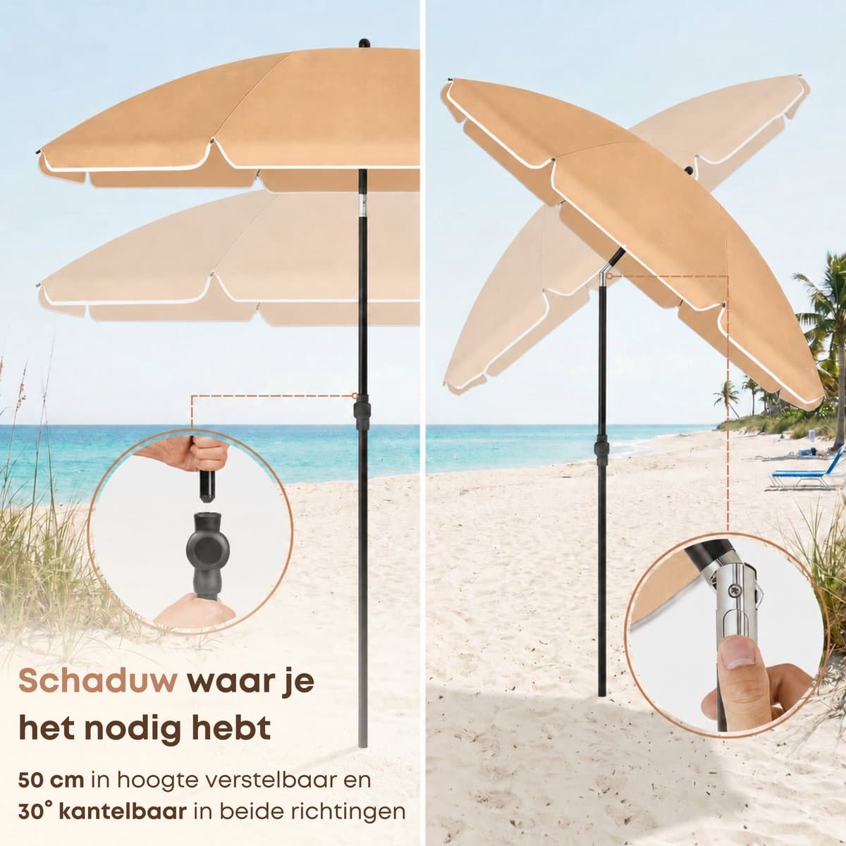 ACAZA Parasol - Strandparasol - Zandbruin - 200 cm diameter - inclusief Draagtas - Rond - Tuinparasol - Kantelbaar - Waterdicht - Terras Parasol voor Appartement - Parasol Strand - Tot 3 Personen thumbnail 7