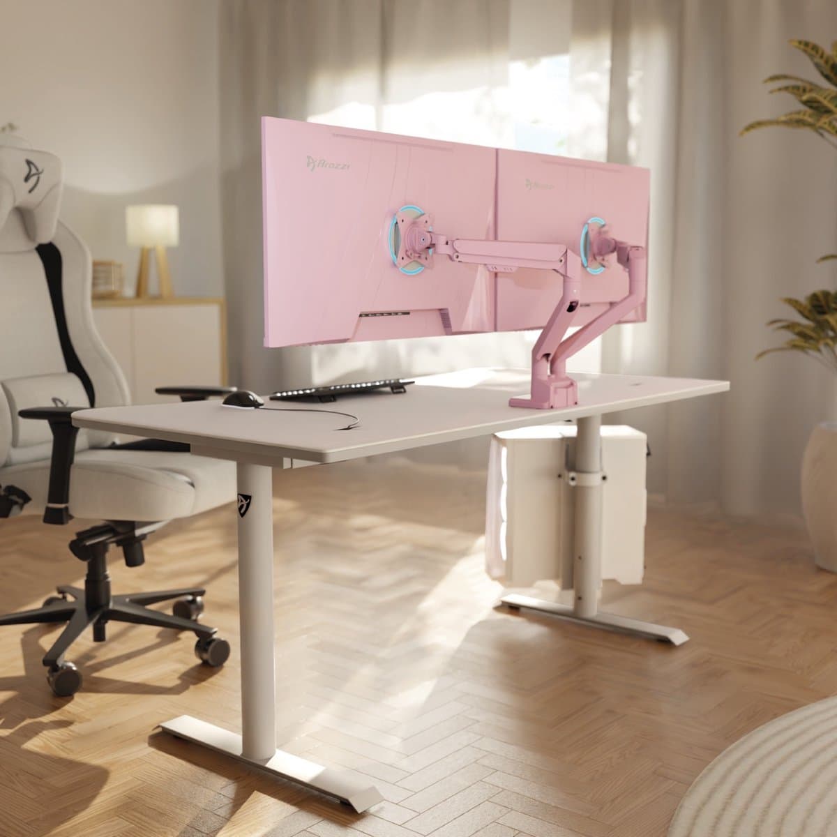 Arozzi Alzare Neo Dubbele Monitor Arm - Gasfeder - Kabelbeheer - 17" tot 34" - Roze thumbnail 6