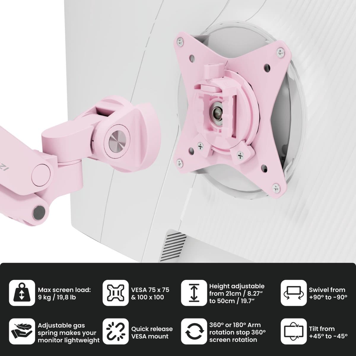 Arozzi Alzare Neo Dubbele Monitor Arm - Gasfeder - Kabelbeheer - 17" tot 34" - Roze thumbnail 5