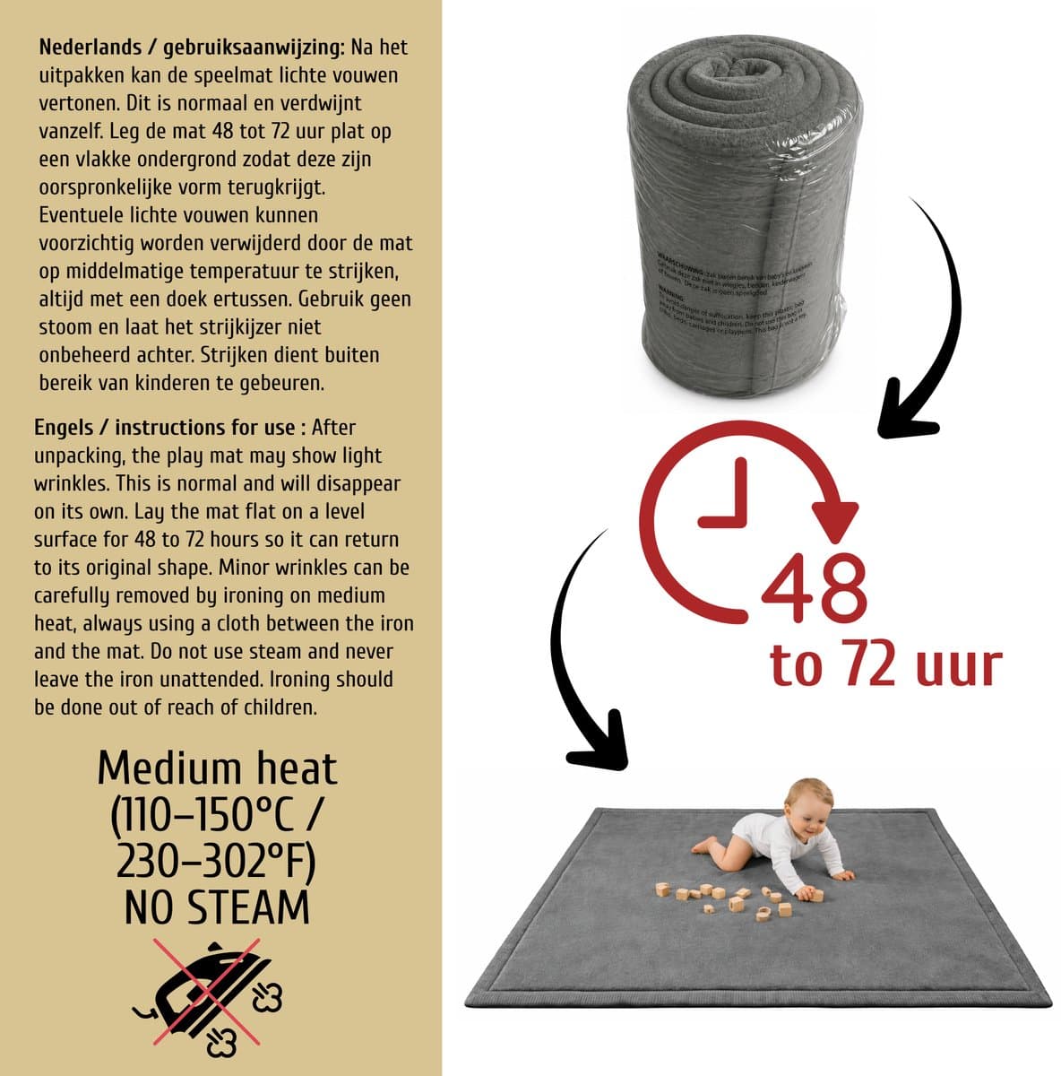Roosly Speelmat Baby - Fluwelen Speelkleed baby - speeltapijt - kruipmat - playmat - Extra Dik Traagschuim 3 cm - Antislip - Zacht & Veilig - 150 x 200 cm - Stone Grey thumbnail 6