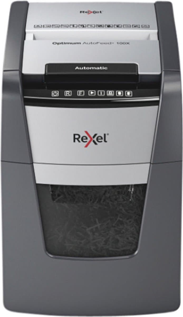Rexel Optimum AutoFeed+ 100X Fluisterstille Papierversnipperaar - P4 Snippers - Automatische Invoer Tot 100 Vel - 34L - Zwart