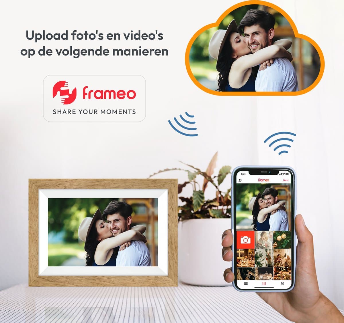 Digitale fotolijst met WiFi en Frameo App - 10.1 inch HD+ IPS Display - Fotokader met Touchscreen - 32GB - Bruin/Wit - Frameo digitale fotolijst - digitale fotokader - digitaal fotolijstje thumbnail 3