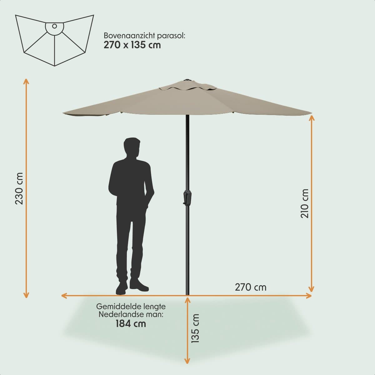 LifeGoods Balkon Parasol - Tuin - 270x135 cm - Halfronde Parasol - Waterdicht - UPF50+ - Taupe thumbnail 2