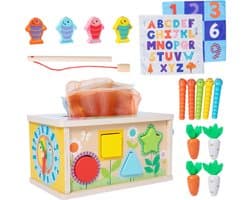 Houten activiteitenkubus, 6-in-1 motorisch speelgoed, leuke tissuebox, set speelgoed voor fijne motoriek, Montessori-speelgoed geschikt voor jongens en meisjes