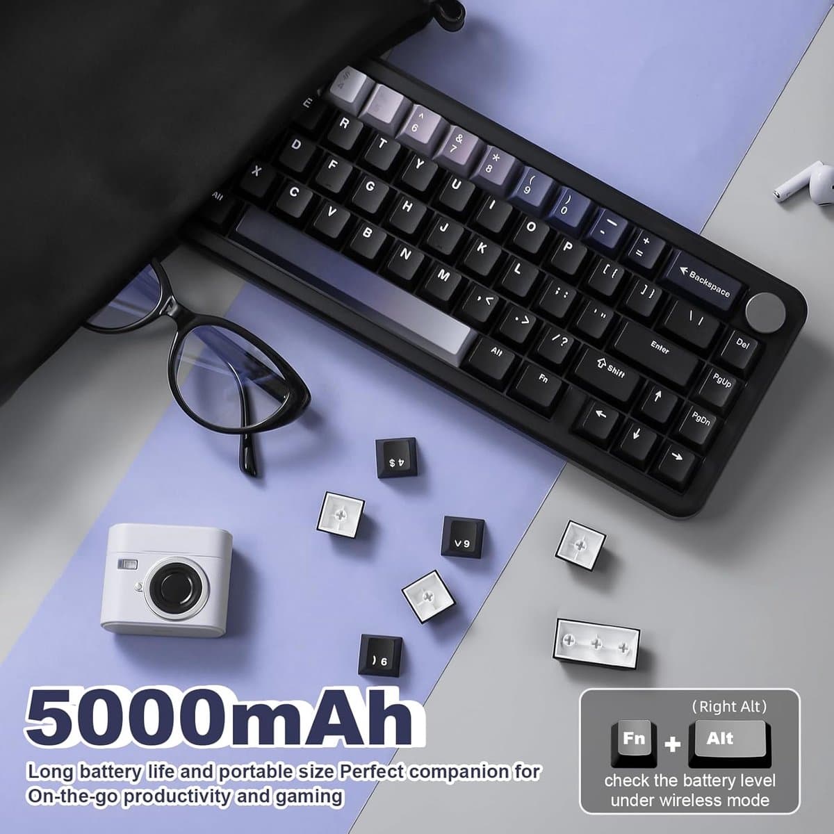 YUNZII B68 - Mechanisch Gaming Toetsenbord - RGB Verlichting - 65% Layout - Hot-Swappable - Cherry Profile - PBT Keycaps - Draadloos - Zwart thumbnail 8