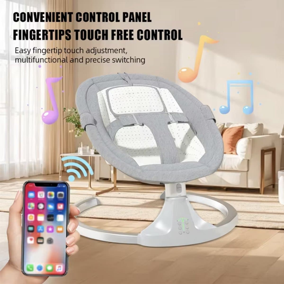 J&R Elektrische wipstoel - Wipstoel - Schommelstoel - Babystoel - Baby Swing - Elektrisch - Verrijdbaar - Afstandsbediening - Wieltjes - Bluetooth voor muziek - Grijs thumbnail 7