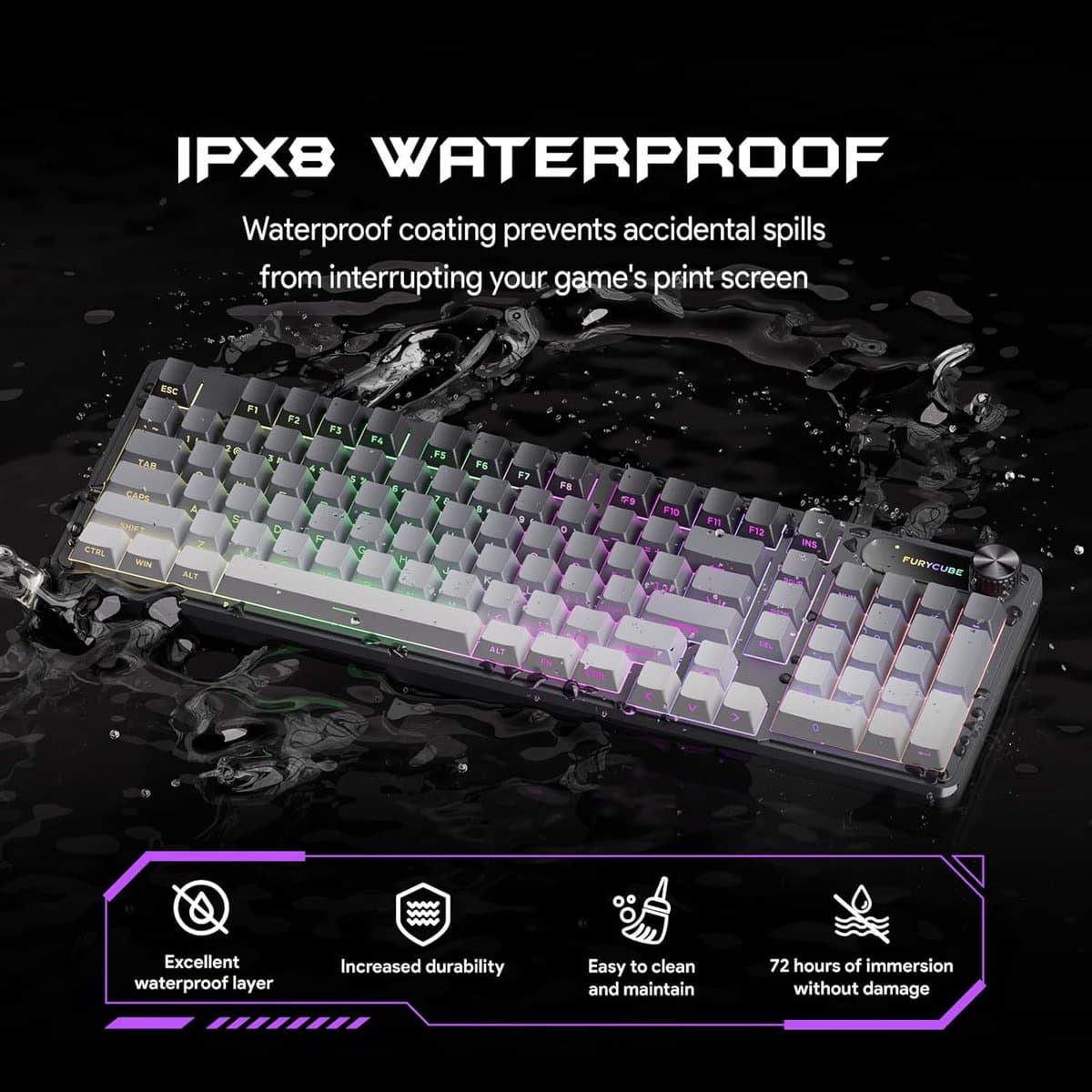Furycube IP98 PRO - Mechanisch-Feeling Gaming Toetsenbord - 98 Toetsen - RGB Verlichting - Bedraad - 5000mAh Batterij - Grijs thumbnail 8