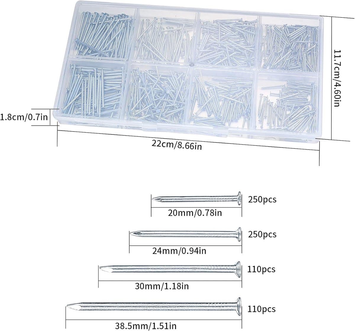 Nagelset Muur - Wandnagels Assortiment - Foto Ophangen Houtbewerking - Vlakke Kop Spijkers - 720 Stuks - Zilver thumbnail 7