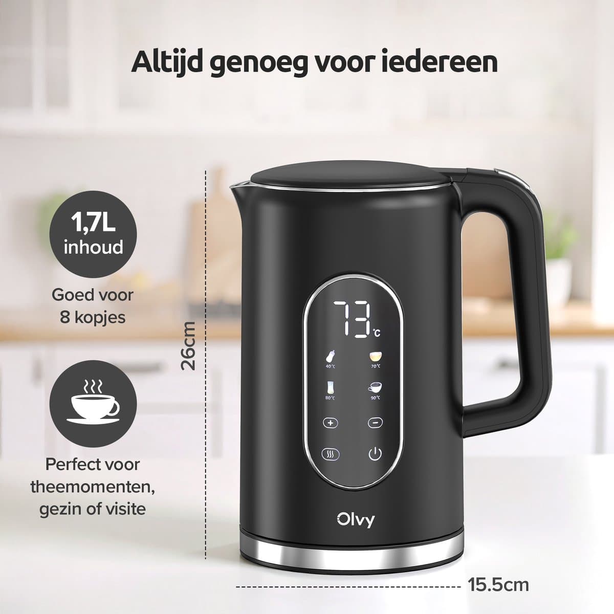 Olvy Waterkoker met Temperatuurregeling - Warmhoudfunctie - RVS - Dubbelwandig - Elektrisch - 1.7 Liter - 2200W - Zwart thumbnail 8