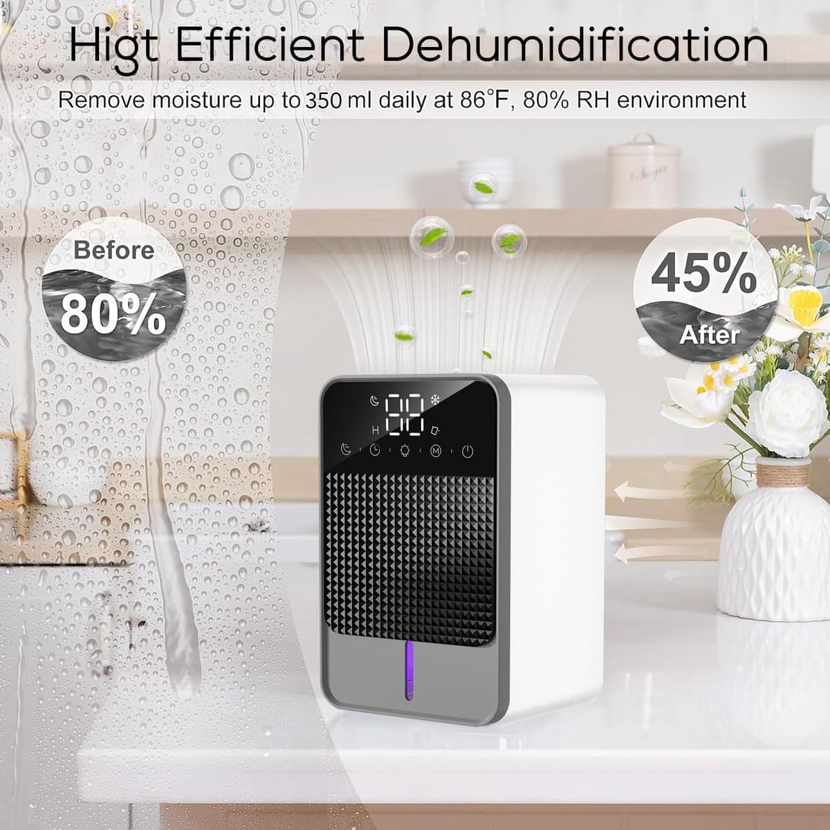 Draagbare luchtontvochtiger 1200 ml met automatische uitschakeling en energiebesparing thumbnail 3