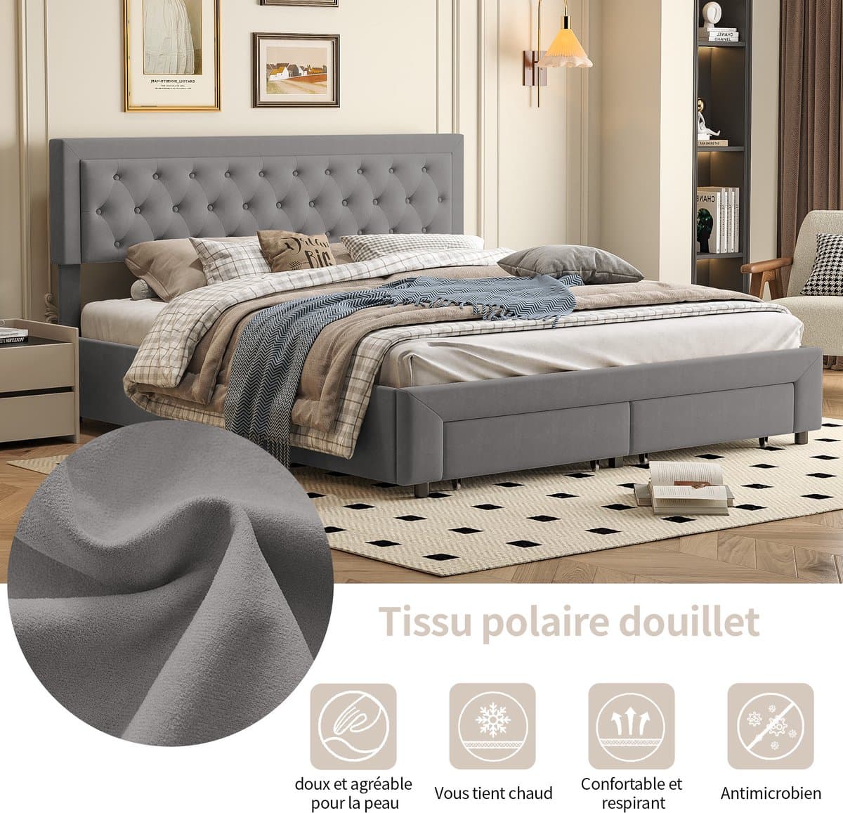 Bed Opbergbed 180x200, Hoofdeinde met Opbergfunctie, Tweepersoonsbed met Lattenbodem, Hydraulisch Bedframe met Opbergruimte, grijs thumbnail 7