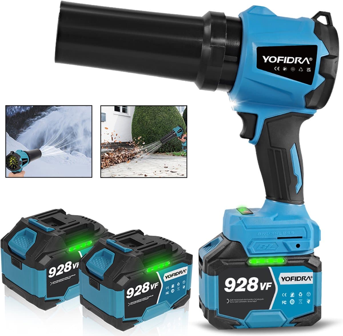 Yofidra Accu Bladblazer met 2x 4500 mAh Accu - 300 m/s Turbo Blazer - Borstelloze Motor - Blaaskracht 1,2 kg - voor Auto-Reiniging, Verwijdert Stof en Sneeuw