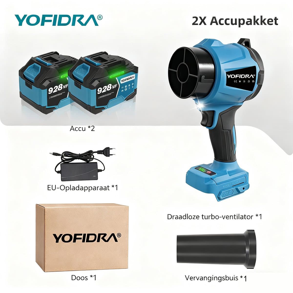 Yofidra Accu Bladblazer met 2x 4500 mAh Accu - 300 m/s Turbo Blazer - Borstelloze Motor - Blaaskracht 1,2 kg - voor Auto-Reiniging, Verwijdert Stof en Sneeuw thumbnail 6
