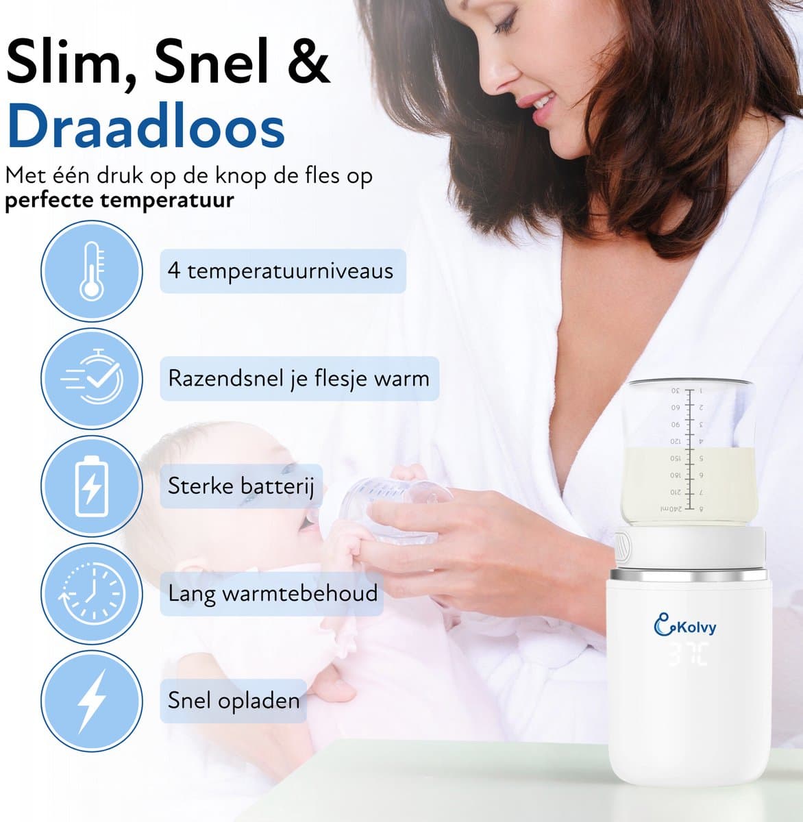 Kolvy® Flessenwarmer Onderweg - Intelligente Flesverwarmer - Bottle Warmer - 4 Temperatuurniveaus - Draadloos - Inclusief 3 Adapters - USB Oplaadbaar thumbnail 2