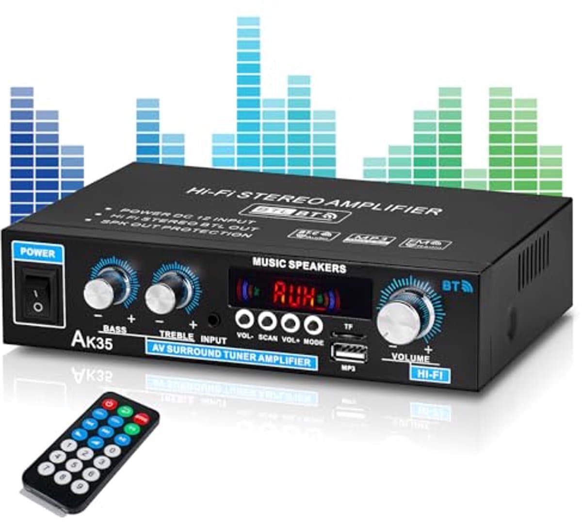 AK45 HiFi Amplifier, Bluetooth 5.0, Mini Bluetooth Stereo, Hi-Fi Stereo, Audio Amplifier with USB/MIC/FM/TF Audio Amplifier with Bass Treble Tuner, Digital Remote Control, for Home or Car