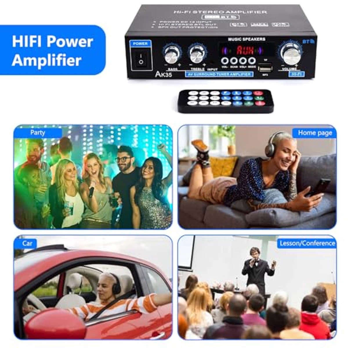 AK45 HiFi Amplifier, Bluetooth 5.0, Mini Bluetooth Stereo, Hi-Fi Stereo, Audio Amplifier with USB/MIC/FM/TF Audio Amplifier with Bass Treble Tuner, Digital Remote Control, for Home or Car thumbnail 4