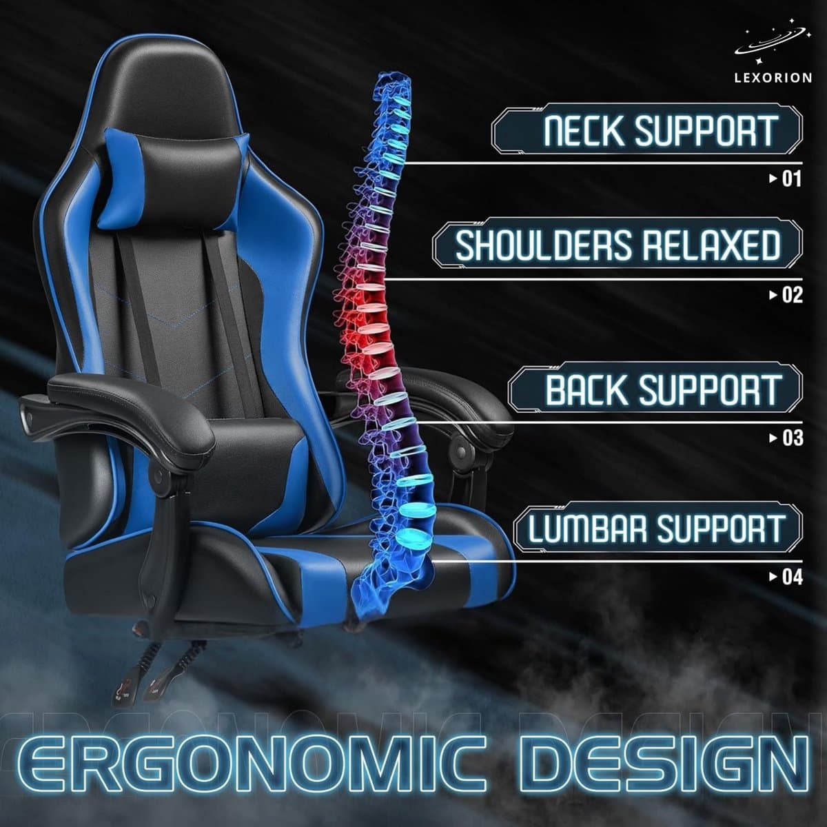 Lexorion Gaming Stoel – Ergonomische Gaming Chair – Inclusief Gratis RGB Gamingmuis Cadeau – Verstelbaar – Lederen Gamestoel – 136 kg – Blauw – Bureaustoel thumbnail 4