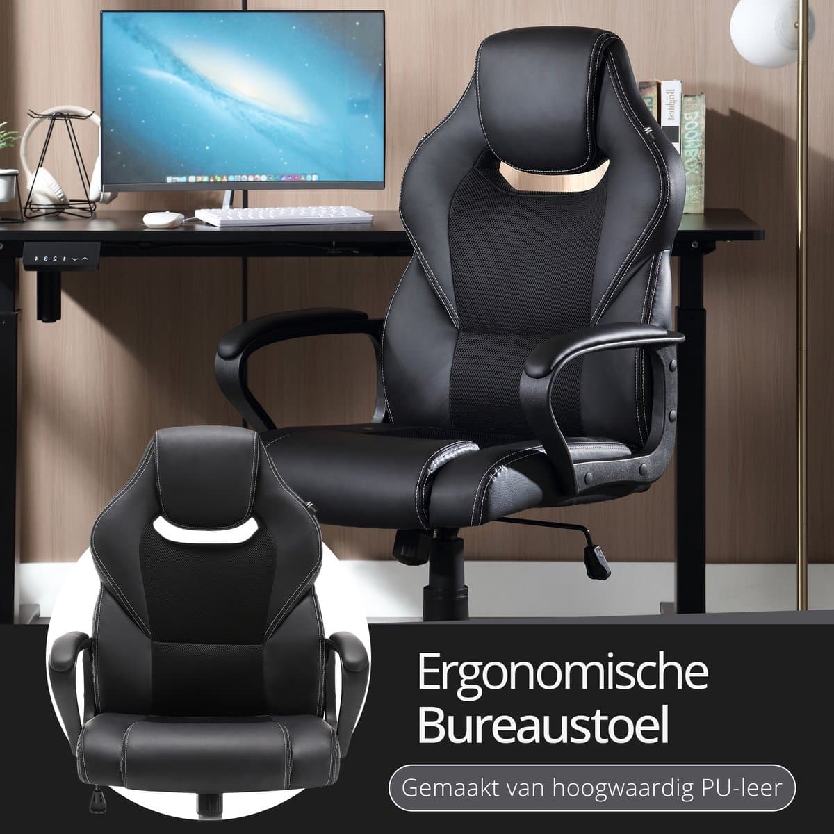 Meisterhome® Ergonomische bureaustoel - Metalen Onderstel - met wieltjes - - Gamestoel – Draaistoel – Wipfunctie – Hoogteverstelling - Gevoerde armleuningen - Executive stoel - Zwart thumbnail 2