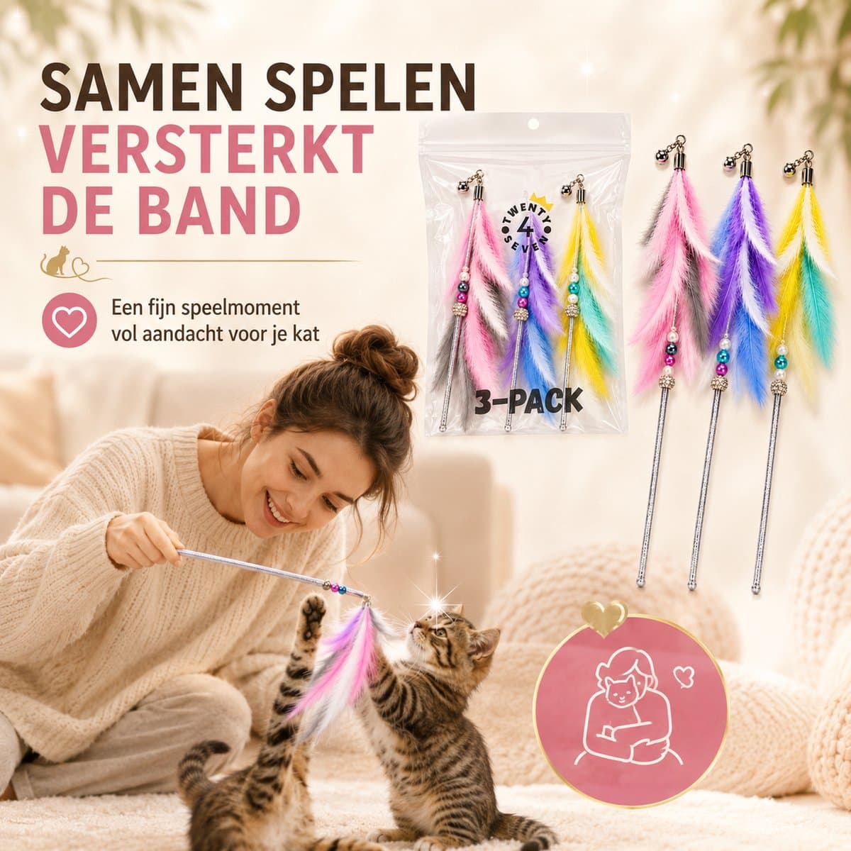 Twenty4seven® Kattenhengel 3-Pack - Kattenspeeltjes met Veer - Kattenspeelgoed - Interactief & Intelligentie - Speelgoed voor Katten & Kittens thumbnail 3