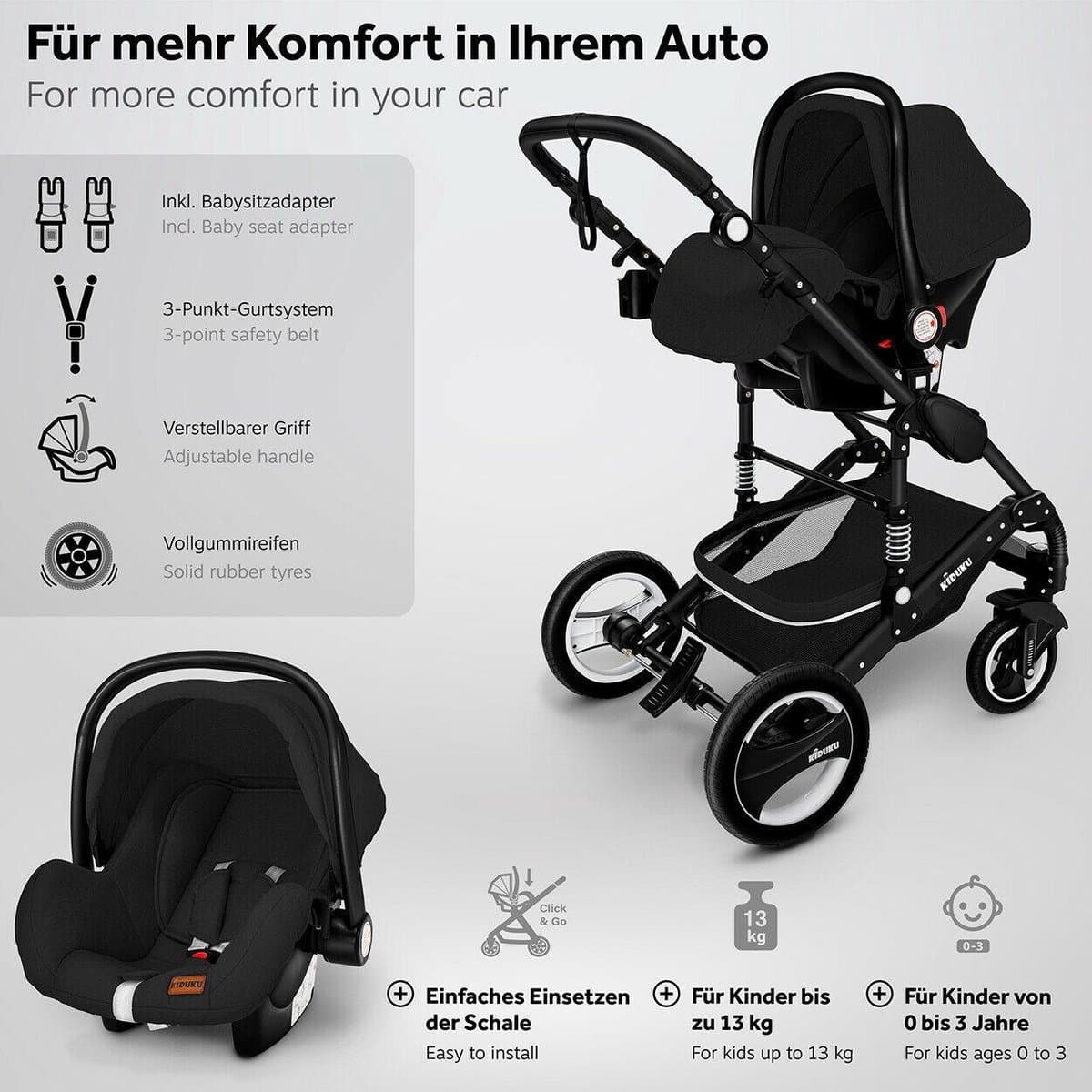 KIDUKU- 3 in 1 combi-kinderwagen- zwart- buggy incl. autostoeltje-regenhoes- inklapbaar thumbnail 7