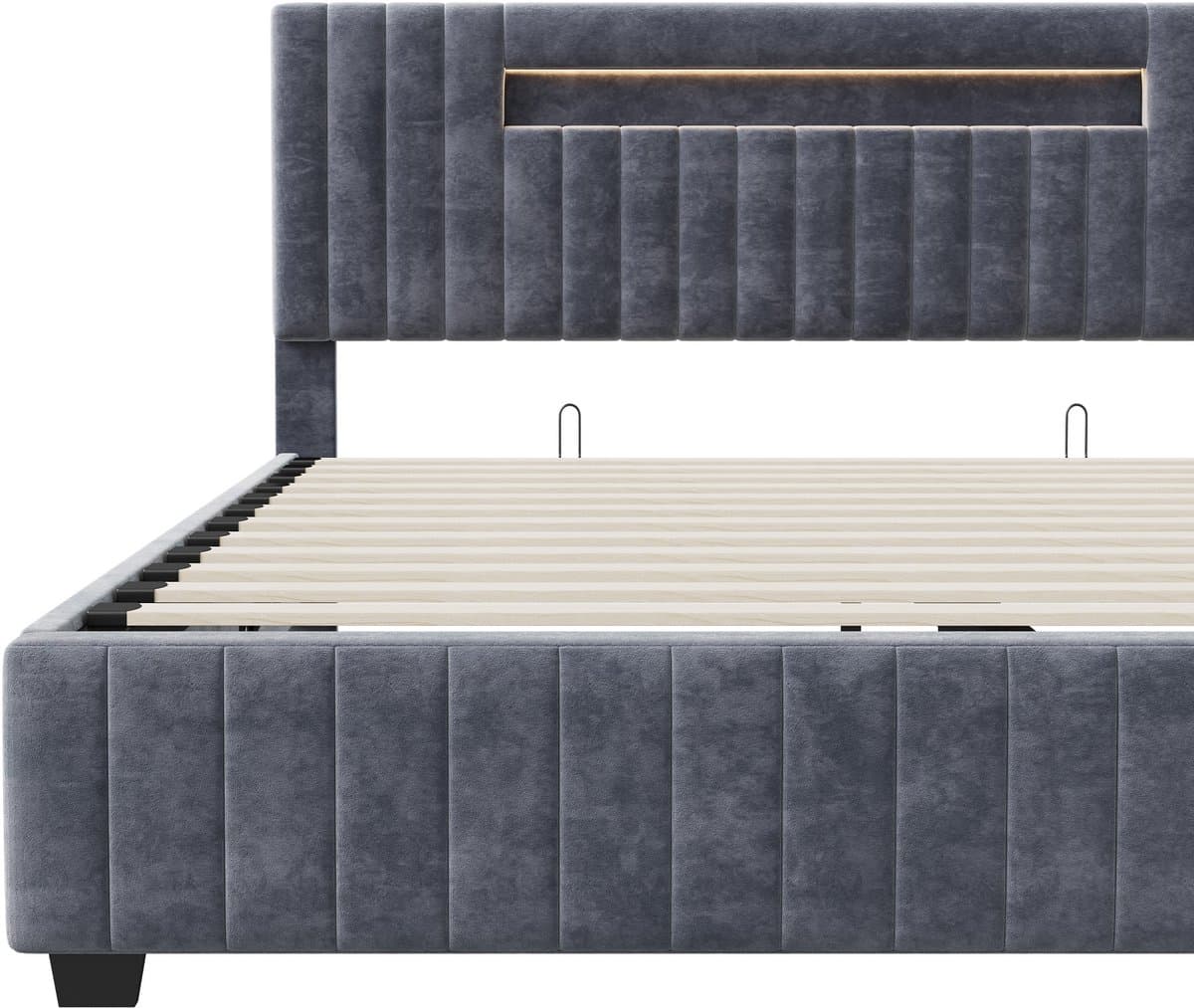 Opbergbed 160x200 cm Grijs Fluweel – Tweepersoons met LED Hoofdbord en Opbergvak thumbnail 6