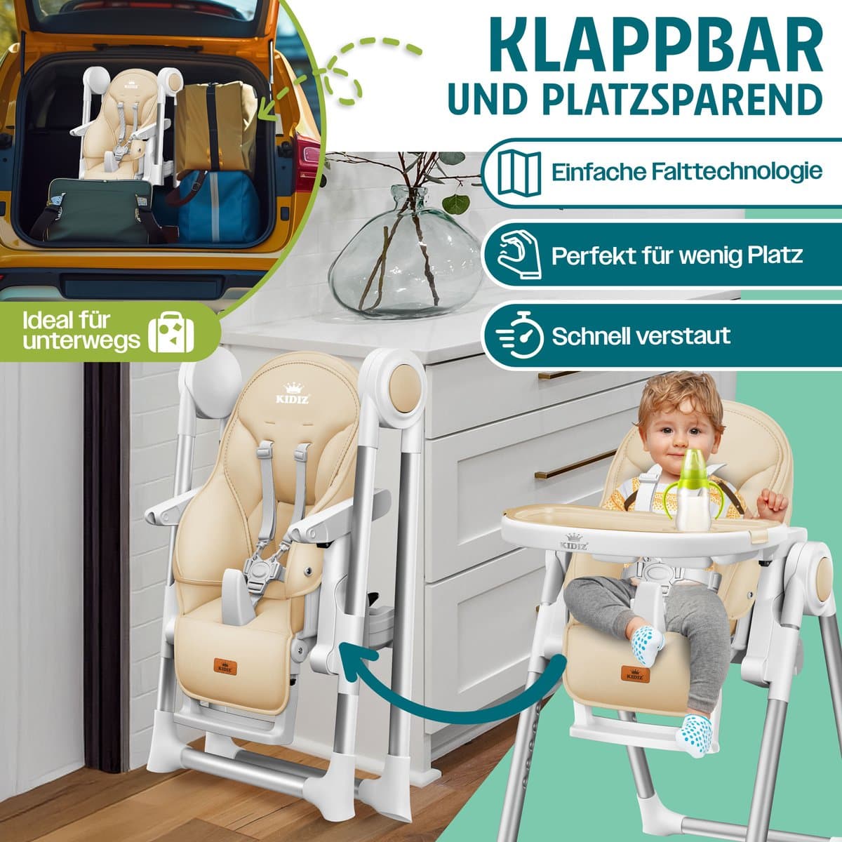 KIDIZ® 3in1 kinderstoel incl. speelbar, Eetstoel, Babystoel, combinatie kinderstoel, 7 in hoogte verstelbare rugleuning, meegroei van 0 maanden tot 6 jaar - Beige thumbnail 8