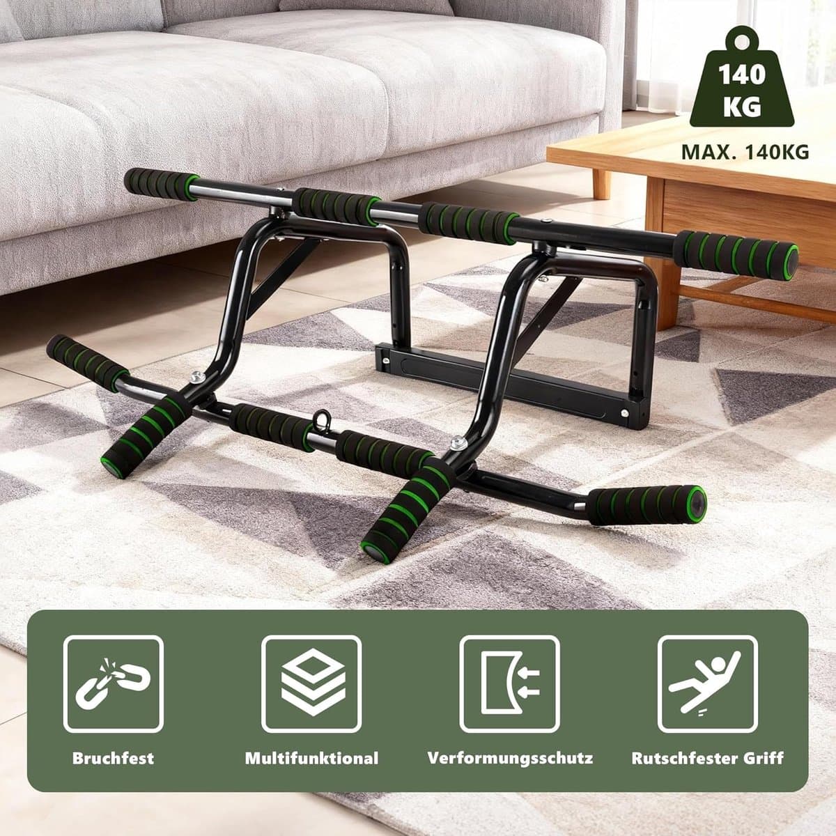 NETTLIFE Pull Up Bar - Pull-upstang voor deurkozijn - 140kg Draagkracht - met gewatteerde antisliphandgrepen - Optrekstang Wandmontage - Trainingsapparaat voor deurkozijn 80-90 cm - Pull Up Station voor Thuis Sporten - Thuis Fitness - groen thumbnail 7