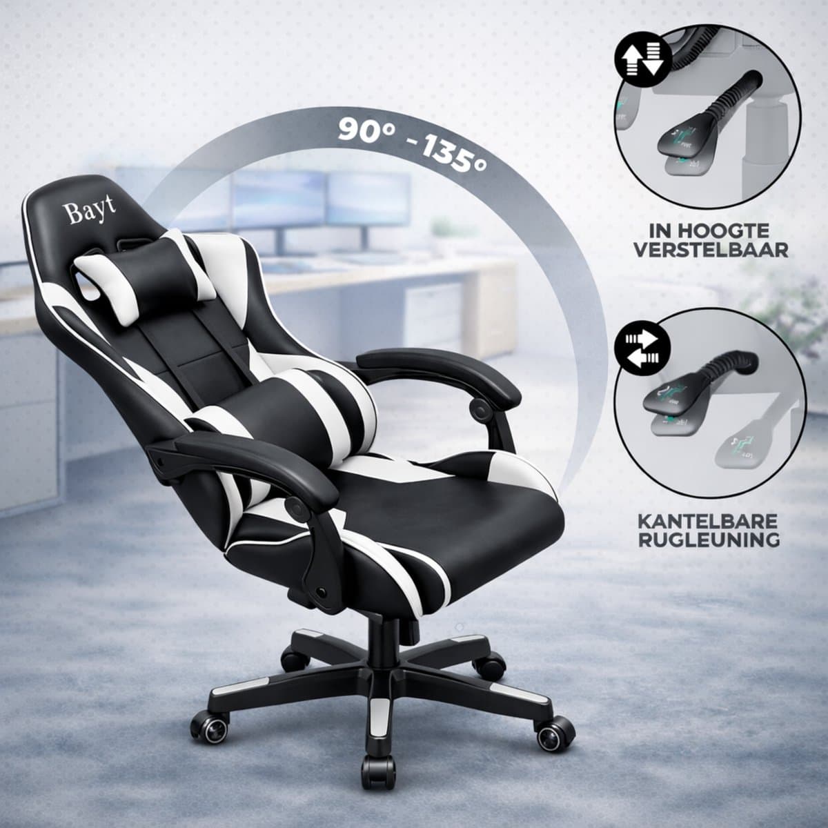 Bayt Gamestoel - Gaming chair - Gamingstoel - Verstelbare rugleuning - Comfortabele game stoel - Zwart en wit thumbnail 7