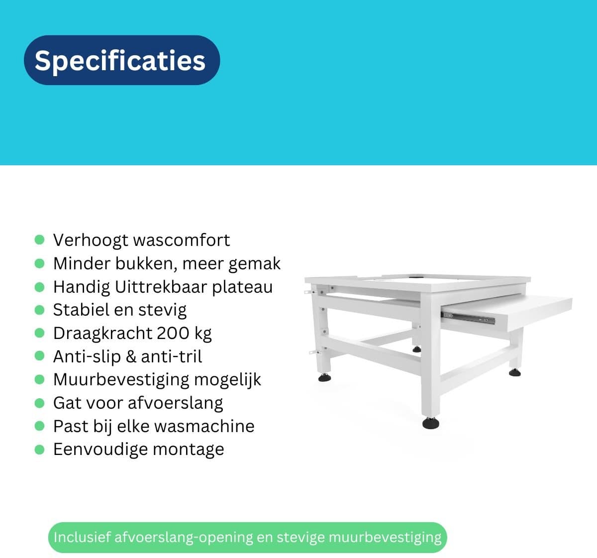 Wasophoogte® Wasmachine verhoger met uittrekbaar plateau - Wasmachine opbouwmeubel - Wasmachine sokkel - 42cm hoog - Wit - Universeel - 65*60,5 (LxB) - Inclusief wandbeugels thumbnail 8