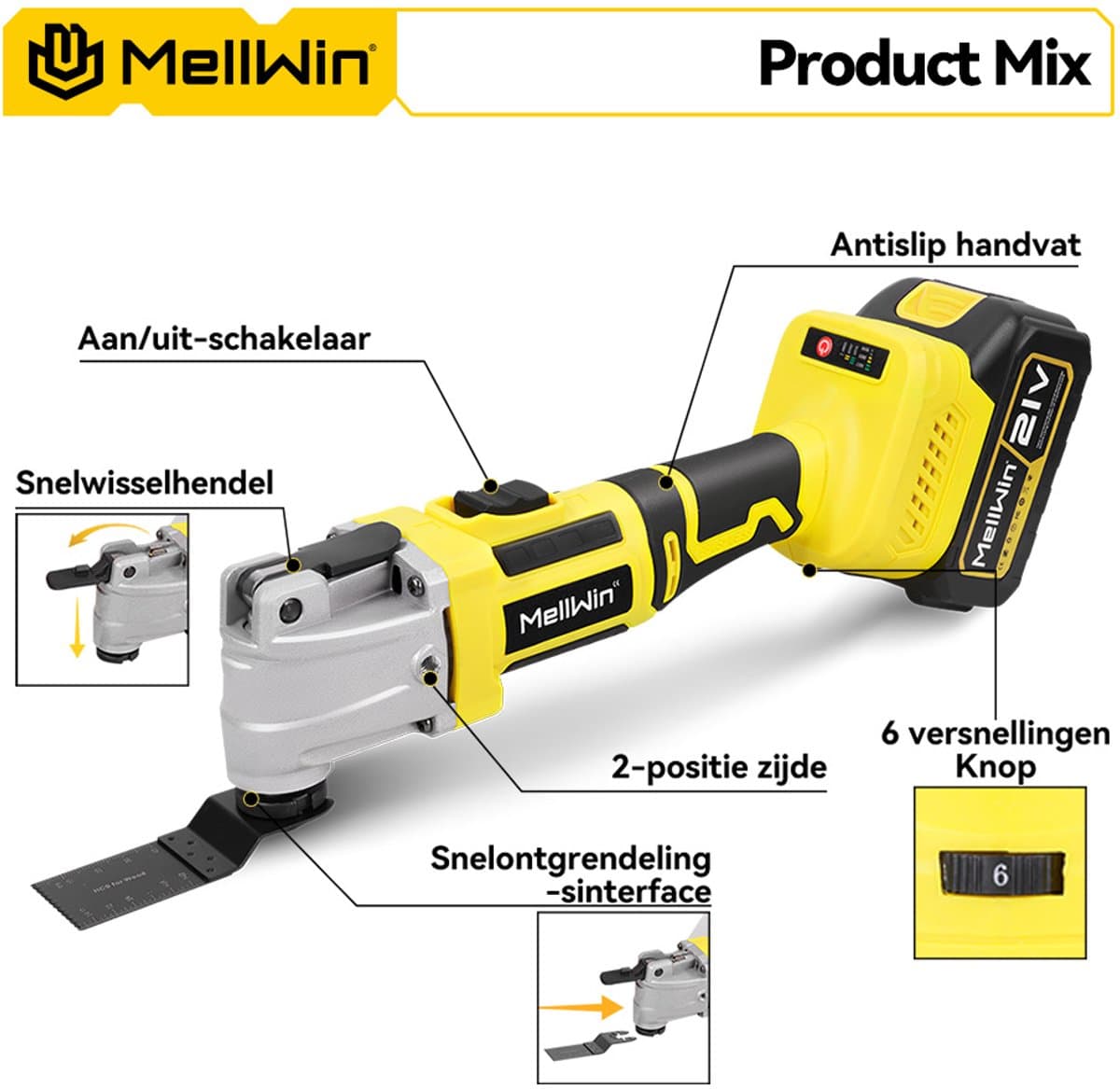 MellWin Accu Multitool - met 2x Accu's & 22x Accessoires - Borstelloze motor - Multifunctioneel Gereedschap - 4° oscillatiehoek - 6+3 versnellingen - voor verwijderen, schrapen en zagen thumbnail 4