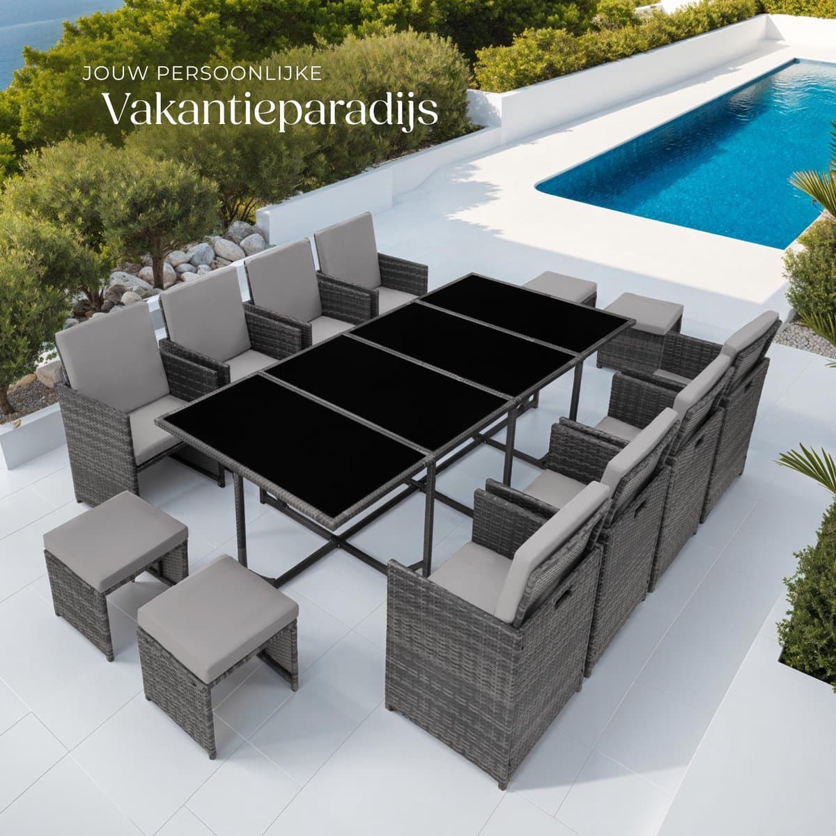 tectake® - Wicker tuinloungeset - Polyrotan tuinmeubelset, 8+4+1 zitgedeelte, 8 stoelen, 4 krukken, 1 tafel - Incl. beschermhoes, voor tuin, balkon, terras - grijs/lichtgrijs thumbnail 6