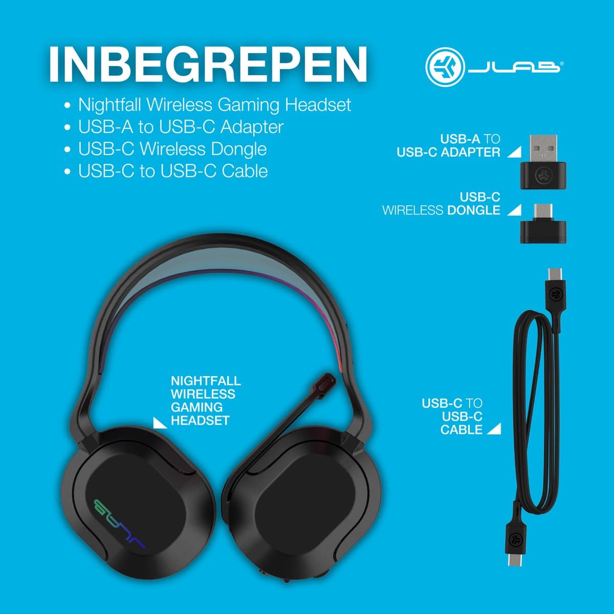 JLab Nightfall Draadloze Gaming Headset met Microfoon - Bluetooth - 70 Uur Afspeeltijd - Draadloze Koptelefoon - Headset PS5 - Koptelefoon met microfoon - Verwisselbare Hoofdband - Met USB Dongle thumbnail 6